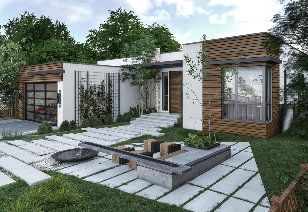 A rendering of a modern house with a courtyard