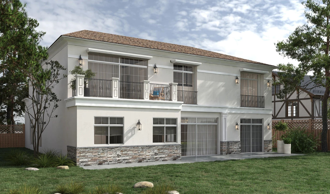 A white two story house with a brown roof