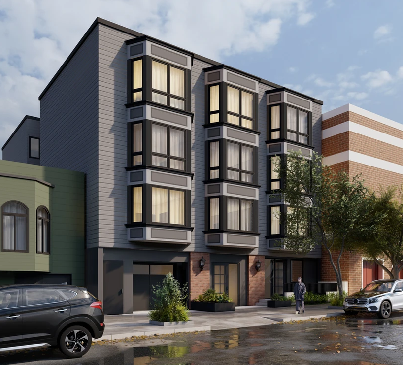 An artist's rendering of a two story apartment building