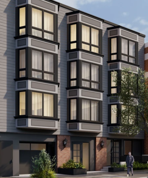 An artist's rendering of a two story apartment building