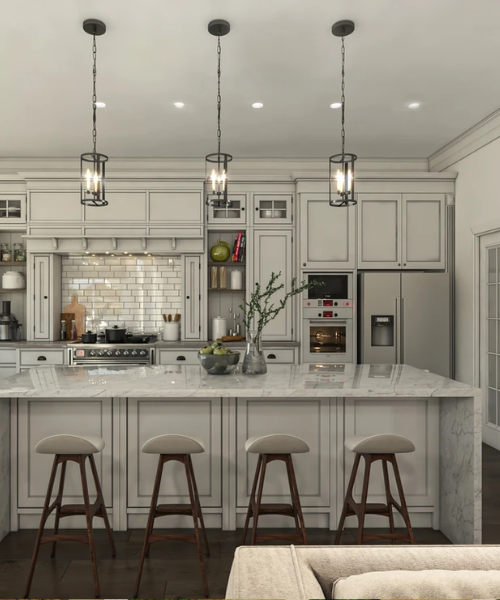 A large kitchen with a center island surrounded by stools